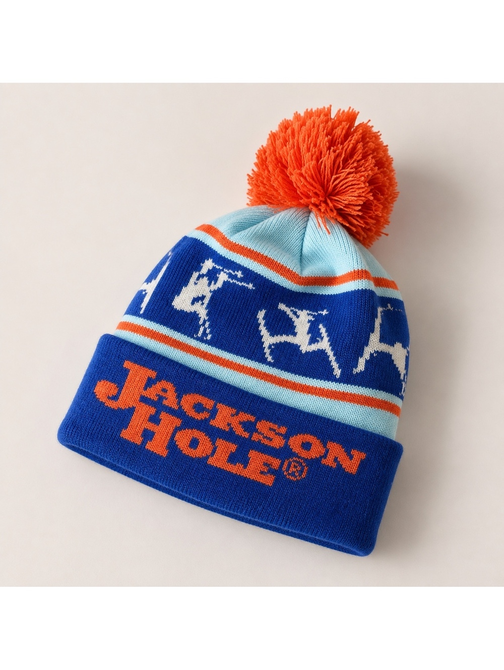 Jackson Hole Blue and Orange Ski Beanie with Pom Pom